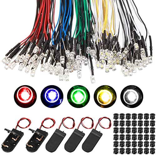Riakrum 220 Pcs 12v LED Lights Kit 100 Pcs Emitting Diodes Pre Wired LED Lights Diodes with 100 Plastic Holders 20 Battery Holders(Multicolored,3 mm)