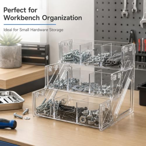 Tool Box Organizer, Screw Organizer, 9-Bin Clear 3-Tier Open Rack