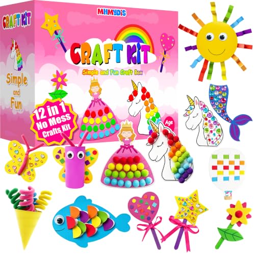 MHMYDIS First Craft Kit for Kids - 12 in 1 No Mess Creative Arts and Crafts kit for Kids Ages 4-8 - Toddler Crafts Kit Supplies - Gifts for Girls and Boys 3 4 5 6 7 8 Year Old (Unicorn&Princess) - style: Unicorn&Princess