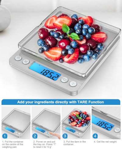 AMIR Digital Kitchen Scale, 3000g 0.01oz/ 0.1g Pocket Coffee Scale, Mini Food Scale, Pro Electronic Jewelry Scale with Back-Lit LCD Display, Tare & PCS Functions, Stainless Steel, Batteries Included - color: Silver