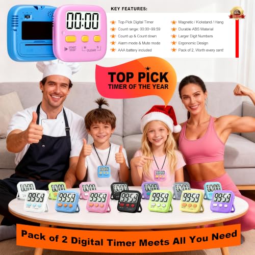 Antonki 2 Pack Digital Timer for Kids Classroom Kitchen Timers for Cooking - color: Dreamy Pink + Blue