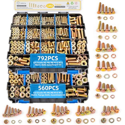 1352 PCS Metric Hex Bolts & Flange Bolts -8.8 Grade, M5 M6 M8 M10 M12 Heavy-Duty hex Bolt and nut Set, Galvanized zinc, a Unique Double-Sided Outer Box - size: M5, M6, M8, M10,M12-1352pcs