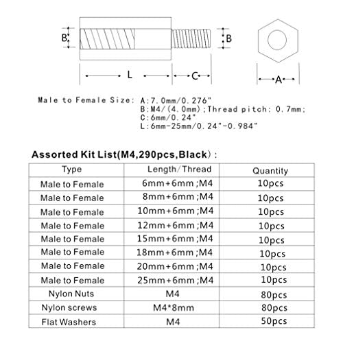 M4 Black Nylon Male-Female Standoffs Screws Nuts Flat Washers Kit - size: 290PCS/M4(Black)
