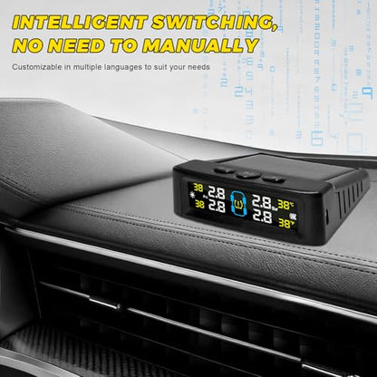 Sun Walker Tire Pressure Monitoring System, Wireless Tire Pressure Monitor with 4 Sensors & 6 Alarm Modes, Real-Time LCD Display TPMS with Solar & USB Charger for RV Truck Trailer