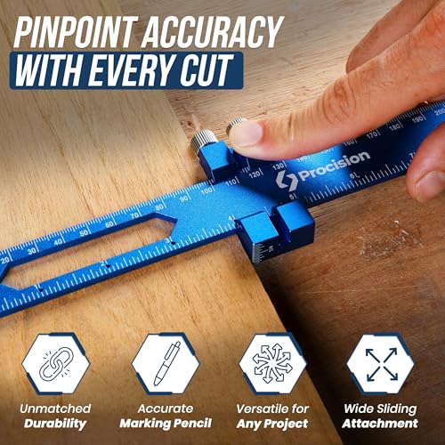 ELEON Procision Woodworking Ruler, Set of 3 (12, 8, 6 Inch) - Precision Woodworking Pocket Tool with Extra Wide 2" Sliding Attachment - Slide T-Square Scribing Kit Plus Mechanical Pencil - Aluminium