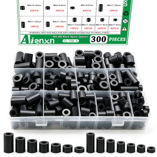 300PCS Black M6 M8 Nylon Spacers Kit, 14 Sizes- 5mm, 8mm, 10mm, 12mm, 15mm, 20mm, 25mm Length for M6 M8 Screws, Non-Threaded Round Plastic Spacers Suitable for Switch & Receptacle Screws - color: Black, size: 300PCS (M6 M8)