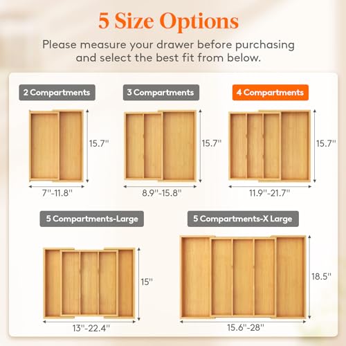 Lifewit Bamboo Utensil Organizer for Kitchen Drawer, Cooking Utensil Tray - color: Natural, size: 11.9~21.7'' W x 15.75'' D