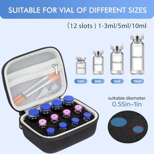 Peptide Case for Fridge, 12 Slots Insulin Vial Protector Organizer Bag, Peptide Vial Storage Case for 1ml 3ml 5ml 10ml Vials, Diabetes Insulin Carrying Case - size: Black-12 Slots