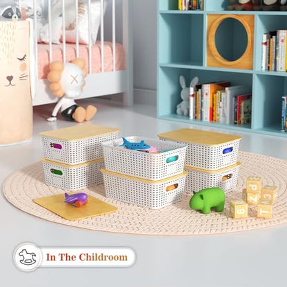 Ohmlove 6 Pack Plastic Storage Baskets with Bamboo Lids for Organization - color: Cream White