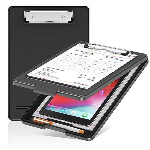 Clipboard with Storage, Plastic Storage Nursing Slim Clipboard with Low Profile Clip, Foldable Letter Size for Nurse, Kid, Salary, Coach, Jobsite, Industrial, Office(9" x 13"x 0.8", Black) - color: Black, size: 1 Pack