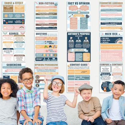QOUBAI 12Pcs Reading Comprehension Posters Boho Rainbow Classroom Decor - color: Boho
