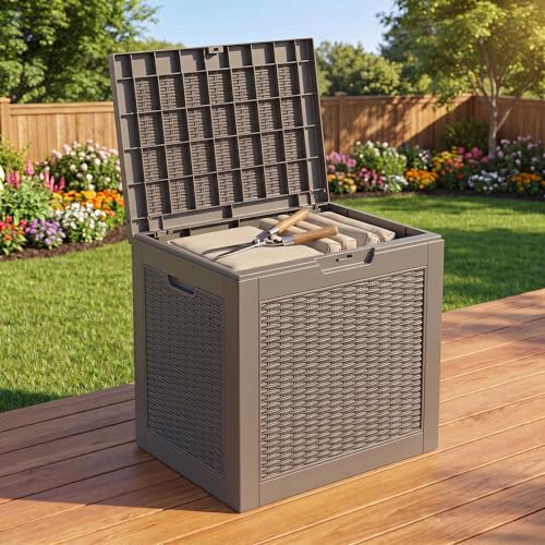 NicBex 30 Gallon Deck Box, Waterproof Resin Rattan Outdoor Storage Box Lockable for Patio, Fade Resistant Ourdoor Side Table & Organizer for Garden Tools, Pool Floats, Outdoor Cushions, Light Coffee - color: Lignt Coffee-wh