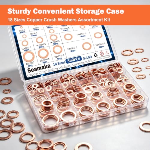 360PCS Crush Washer Oil Drain Plug,18 Sizes Copper Crush Washers Assortment Kit,Automotive Oil Pan Drain Plug Gasket M6 M8 M10 M12 M14 M16 M18 M20 M22 M24 - size: 360