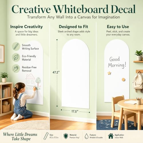 Magnetic Wall Sticker Dry Erase Whiteboard Contact Paper Arch 47.2" x 17.5" Self Adhesive Magnet White Board Wallpaper Peel and Stick Wall Decal for Home Playroom Classroom - color: Whiteboard