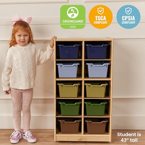 ECR4Kids 10 Cubby Mobile Tray Cabinet with Bins, 5x2, Natural - color: Earthtone