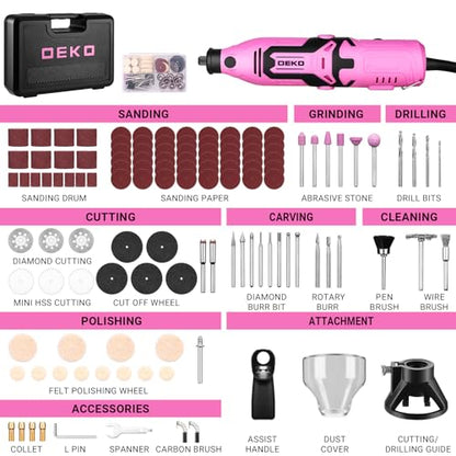 Rotary Tool Kit:DEKOPRO 1.4-Amp Power Hand Rotary Tools with 6 Variable Speed, 127pcs Accessories, 8000~35000RPM Electric Grinder Drill Machine Set with Flex Shaft for Carving, Cutting, Sanding Pink - color: Pink