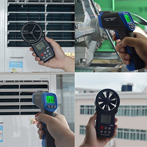 HOLDPEAK 981C Non-Contact Infrared Thermometer Digital Laser Infrared Thermometer -58 to 1022℉ (-50 to 550℃) with Adjustable Emissivity + 866B Digital Anemometer Handheld Wind Speed Meter (2Packs)