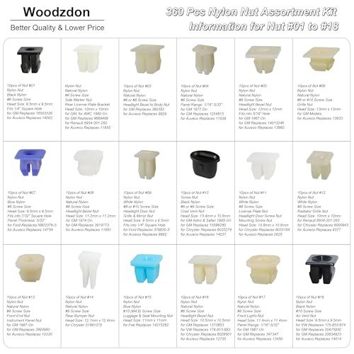 360pcs Grille & License Plate Headlight Bezel Nylon Nut #6,#8,#10,#12,#14 - size: 36 Size 360pcs B