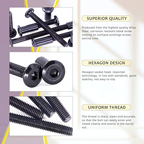 Swpeet 120Pcs M6x35mm/45mm/55mm/65mm/75mm Carbon Steel Black Hex Drive Socket Cap Bolts Barrel Nuts Kit with 1Pcs Allen Wrench, Screw Post Fit for Furniture Countsunk Belt Buckle Leather Binding Bolts - size: M6x35mm/M6x45mm/M6x55mm/M6x65mm/M6x75mm