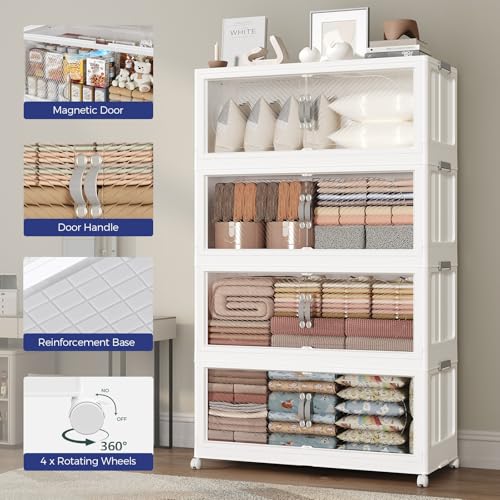 240QT Extra Large Stackable Storage Bins with Lid, 60Gal Plastic Closet Organizers and Storage Drawer, Collapsible Cabinet Box with Wheels Clear Doors for Home Kitchen Office, 4Pack White