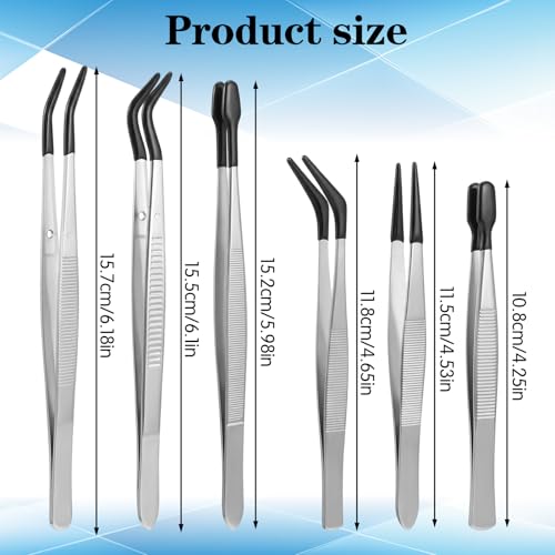6pcs Rubber Tipped Tweezers, Long Tweezers Bent Pointed Tipped Hobby Tweezer Flat Straight Tip Tweezers for Crafts Beads Jewelry Making Stamps Succulents Pet (Black,Silver) - color: Black