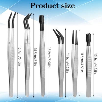 6pcs Rubber Tipped Tweezers, Long Tweezers Bent Pointed Tipped Hobby Tweezer Flat Straight Tip Tweezers for Crafts Beads Jewelry Making Stamps Succulents Pet (Black,Silver) - color: Black