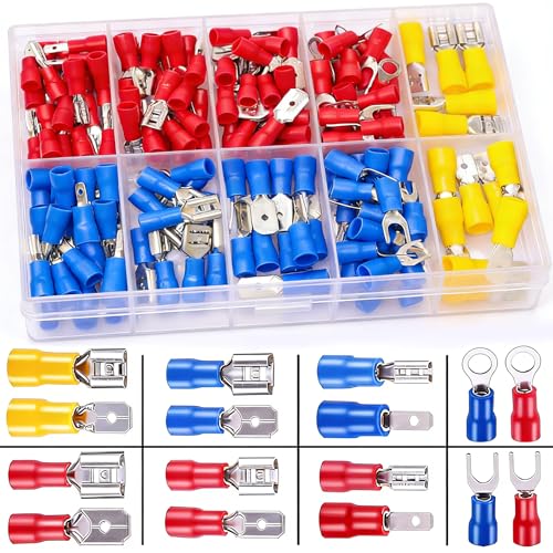 Twidec/Spade Crimp Connectors 2.8mm/4.8mm/6.3mm Male and Female Spade Connector Kit Includes Fork Ring Insulated Wire Connector 15 Types Crimp Terminals Electrical Connectors - color: 125PCS