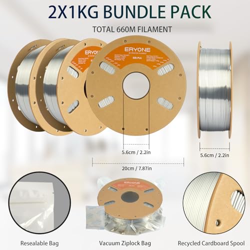 ERYONE Silk PLA Filament for 3D Printer 1.75mm +/- 0.03mm, 2KG Cardboard Spool, Silk Silver - color: 2*1kg Silk Silver, size: Silk Pla-2kg