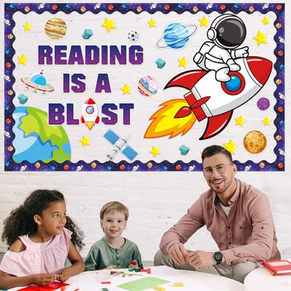 Outer Space Astronaut Bulletin Board Decorations Space Theme Classroom Bulletin Board Set Galaxy Borders Reading is A Blast Adventure Star Cutouts Back to School Preschool Chalkboard Wall Supplies - style: Outer Space
