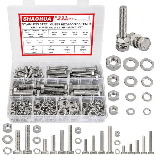M6 M8 M10 M12 Metric Bolts and Nuts Assortment Kit 16mm to 60mm 304 Stainless Steel Hex Head Nuts Bolts Washers Assortment 15 Metric Size Nuts and Bolts Assortment Kit w/Storage Case, 232PCS, SHAOHUA - color: Silver - 232PCS M6 M8 M10 M12