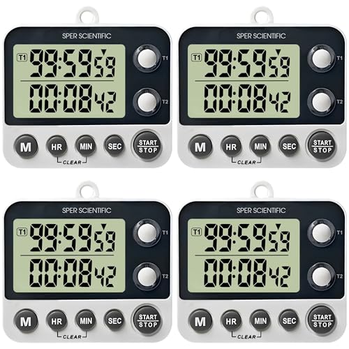 Sper Scientific 2 Channel Digital Lab + Kitchen Timer with Color Coded LED Lights 810002 – Dual Countdown Timer with Large Display, Loud Alarm & Clock Mode - for Cooking, Labs & More - 4 pc - size: 4 Pack