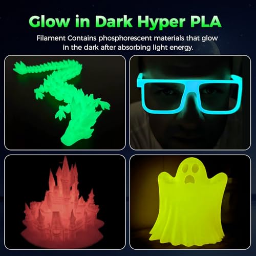 Creality Glow in The Dark Hyper PLA Filament, Luminous 3D Printer Filament 1.75mm, High Brightness&Long Time Glows Filament Bundle, Dimensional Accuracy +/-0.02mm, 4kg Spool(Pink,Blue,Yellow,Green) - color: Glow in the Dark-pink&blue&yellow&green