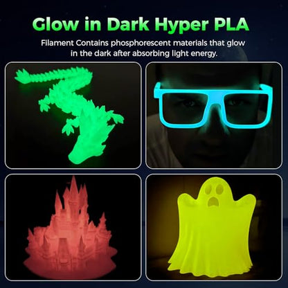 Creality Glow in The Dark Hyper PLA Filament, Luminous 3D Printer Filament 1.75mm, High Brightness&Long Time Glows Filament Bundle, Dimensional Accuracy +/-0.02mm, 4kg Spool(Pink,Blue,Yellow,Green) - color: Glow in the Dark-pink&blue&yellow&green