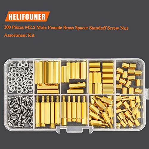 HELIFOUNER 200 Pieces M2.5 Male Female Hex Brass Spacer Standoff Screw Nut Assortment Kit - size: M2.5 Brass Standoff Kit