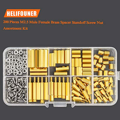 HELIFOUNER 200 Pieces M2.5 Male Female Hex Brass Spacer Standoff Screw Nut Assortment Kit - size: M2.5 Brass Standoff Kit