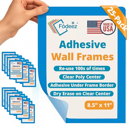 8.5 x 11 Adhesive Wall Frames - Peel & Stick Picture Frames, Wall Sign Holder, Paper & Letter Protector Sheets, Reusable Picture Frame, Dry Erase, Non Magnetic & Non Acryclic - Blue, Pack of 25 - color: Blue 25