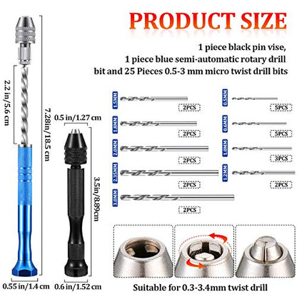 Mudder 27 Pieces Pin Vise Hand Drills Bits Set Semi-automatic Spiral Rotary Tool with 25 Pcs 0.5-3 mm Micro Twist Drill Bits for Resin Polymer Clay Craft DIY Jewelry Electronic Assembling