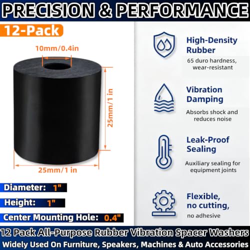 12 Pcs Round Rubber Spacers & Rubber Bushings,1" OD × 0.4" ID × 1" Thick,Washer Anti Vibration Pads Thick Rubber Pad,Multi Purpose Mechanical Vibration Damping Isolators for Bolts,Car,Boat,Home