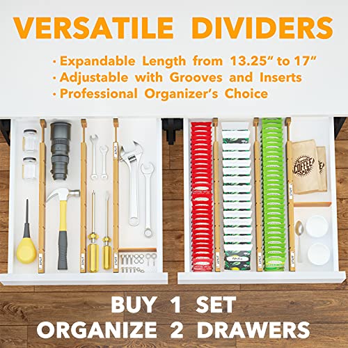 SpaceAid Bamboo Drawer Dividers with Inserts and Labels, Kitchen Adjustable Drawer Organizers, Expandable Organization for Home, Office, Dressers and Bathroom, 6 Dividers with 12 Inserts (13.25-17 in) - size: 13.25-17 inch
