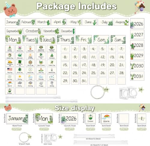 96 Cards Classroom Bulletin Board Decorations Set for Teachers,Flip Calendar with Holder for Classroom,Adjustable Calendar,Preschool Elementary Home Decor Supplies（Boho Greenery Plant） - style: Plant