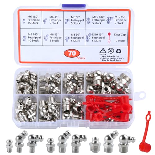 70 PCS Metric Hydraulic Grease Fittings Assortment, M6 M8 M10 Straight 45° 90° Angled Zerk Grease Fitting with Cap, Galvanized Steel Grease Zerk Kit for Bearing Housing Mechanical Lubrication
