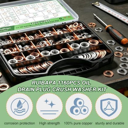 1160PCS Oil Drain Plug Crush Washer Kit,18 Sizes Aluminum Oil Drain Plug and Copper Gasket Assortment, M6 M8 M10 M12 M14 M16 M18 M20 M22 M24,Crush Washer Oil Drain Plug - size: 1160PCS