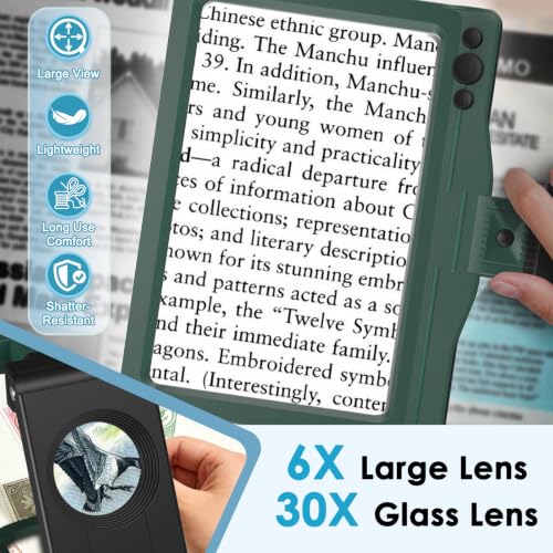 30X 6X Rechargeable Magnifying Glass for Reading, Large Full Page Magnifier with Folding Stand, 3 Color Light Modes, Dimmable LED Lighted, Hands Free Book Magnifier for Low Vision Seniors, Green-Black - color: Green-black