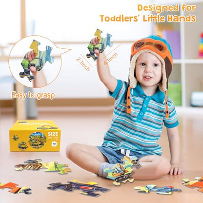 Floor Puzzles for Kids Ages 4-6, Large 70 Piece Construction Puzzles for Kids Ages 6-8 with Excavator Bulldozer Forklift Dumper Truck, Building Site Educational Toy Gifts for Boys Girls Children - style: Construction Site