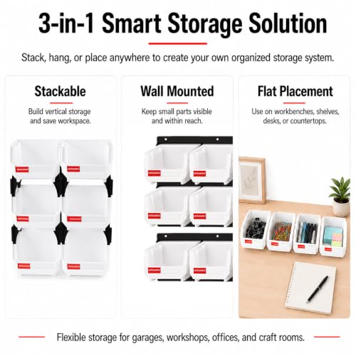 6 Pack Stackable Parts Bins, 5x4x3 in, Plastic Small Parts Organizer,White - color: White-6 Pack, size: 5"x4"x3"