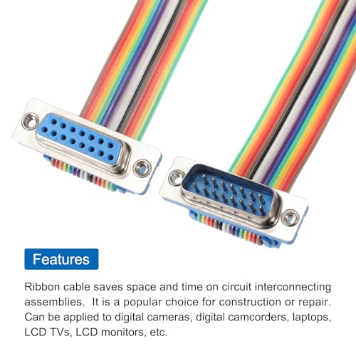 MECCANIXITY IDC Rainbow Wire Flat Ribbon Cable DB15 Male to DB15 Female 8 Inch Length 2.54mm Pitch Breadboard Jumper Wires for Electronic Projects - size: 8 Inch, style: DB15 Male to DB15 Female