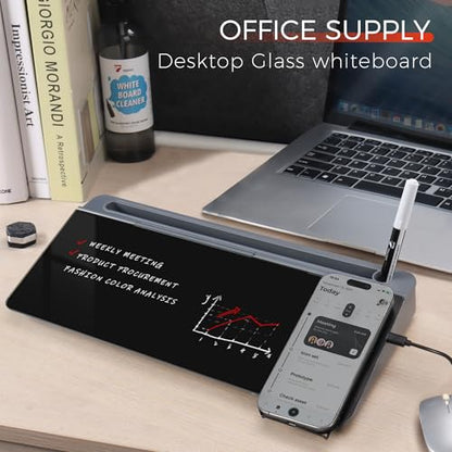TOWON Glass Desk Whiteboard 16x7 in, Wireless Charger and Storage, Black - color: Charger Black