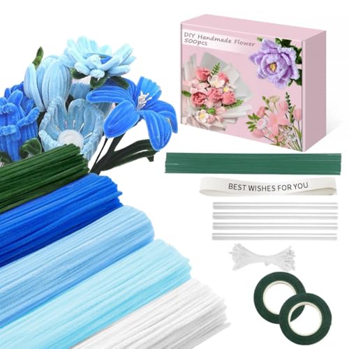 500 Pcs Pipe Cleaners Flower Kit,5 Colors Chenille Stems with Guide&Tools - color: Blue