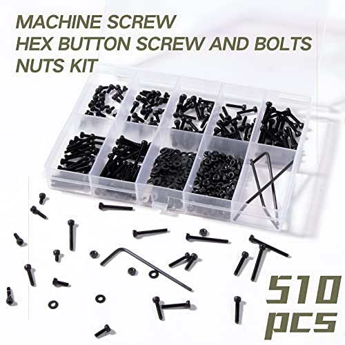 510 Pcs M2 Socket Cap Screws Metric Hex Bolt Nuts Washers 12.9 Grade Alloy Steel Screw Hex Socket Head Cap Small Machine Screws Kits with Wrench Key