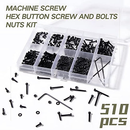 510 Pcs M2 Socket Cap Screws Metric Hex Bolt Nuts Washers 12.9 Grade Alloy Steel Screw Hex Socket Head Cap Small Machine Screws Kits with Wrench Key